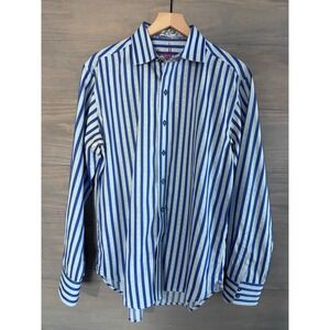 Robert Graham Button Down Shirt Stripe Plaid Flip Cuff Shipwreck Blue Size Large